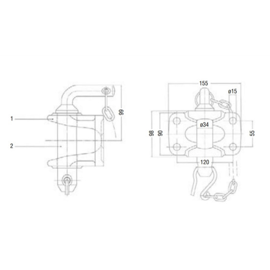 Cupla RINGFEDER pentru remorcare ( Pin 34mm) capacitate 20 tone - Prindere 120 MM X 55 MM