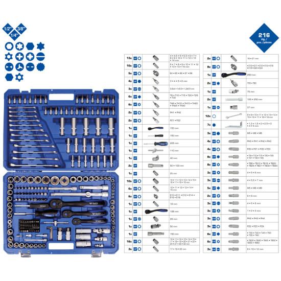 Trusa scule profesionala, atelier auto, 216 piese cromate, Brilliant Tools