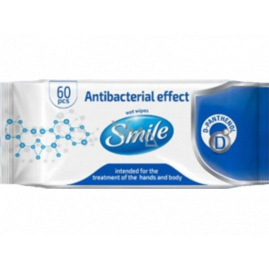 Servetele umede cu efect antibacterian, cu D-Panthenol si Glicerina, pentru curatarea mainilor si a corpului, Pachet 60 bucati, Smile