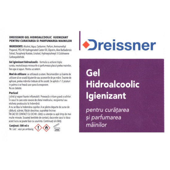 Gel Hidroalcoolic Igienizant, pentru curatarea mainilor, cu Alcool in concentratie de 70%, cu Aloe Vera si Vitamina E, 500 ml, Dreissner