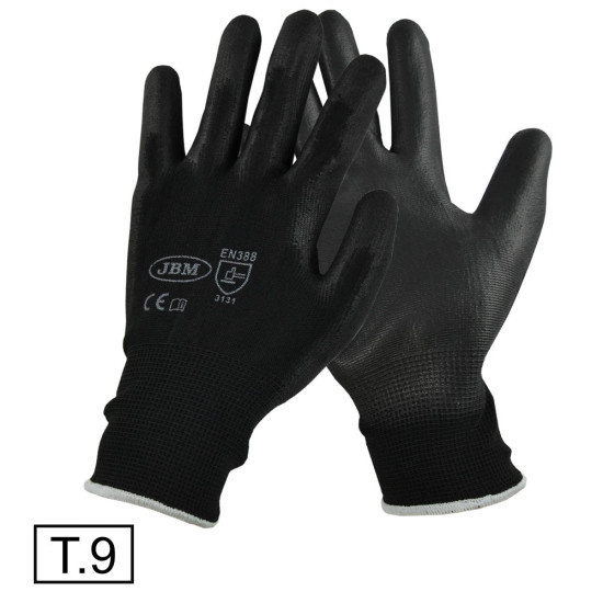 Manusi de Lucru Negre, pt Protectia Muncii, din Nylon cu Palma de Poliuretan, Set 2 bucati, JBM, Marimea 9, L